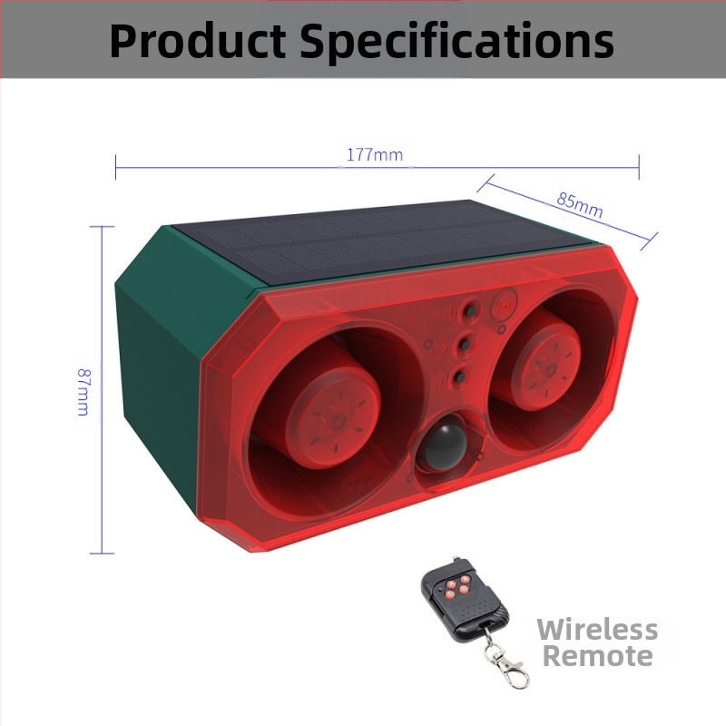 Слънчево захранван алармен модул с двойен високоговорител, инфрачервен сензор за движение и миглива светлина за отблъскване на животни (модел N911T, локална аларма, поддържа множество безжични устройства, температура 0-50°C)