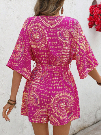 Τυπωμένη ολόσωμη φόρμα με wrap V-λαιμό, ελαστική μέση, μανίκια 3/4, πολυεστέρας