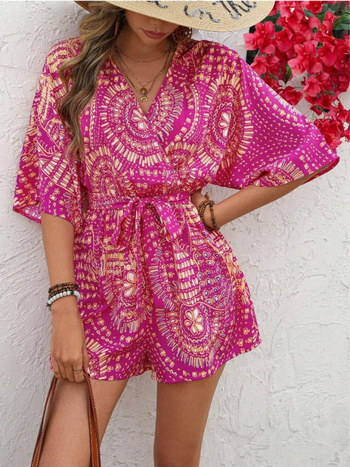 Τυπωμένη ολόσωμη φόρμα με wrap V-λαιμό, ελαστική μέση, μανίκια 3/4, πολυεστέρας