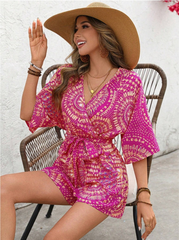 Τυπωμένη ολόσωμη φόρμα με wrap V-λαιμό, ελαστική μέση, μανίκια 3/4, πολυεστέρας