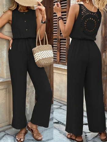 Ολόσωμη φόρμα από πολυεστέρα, χωρίς μανίκια, υψηλή μέση, ίσια κοντά παντελόνια, με κορδόνι, καλοκαιρινό μοντέλο 2025