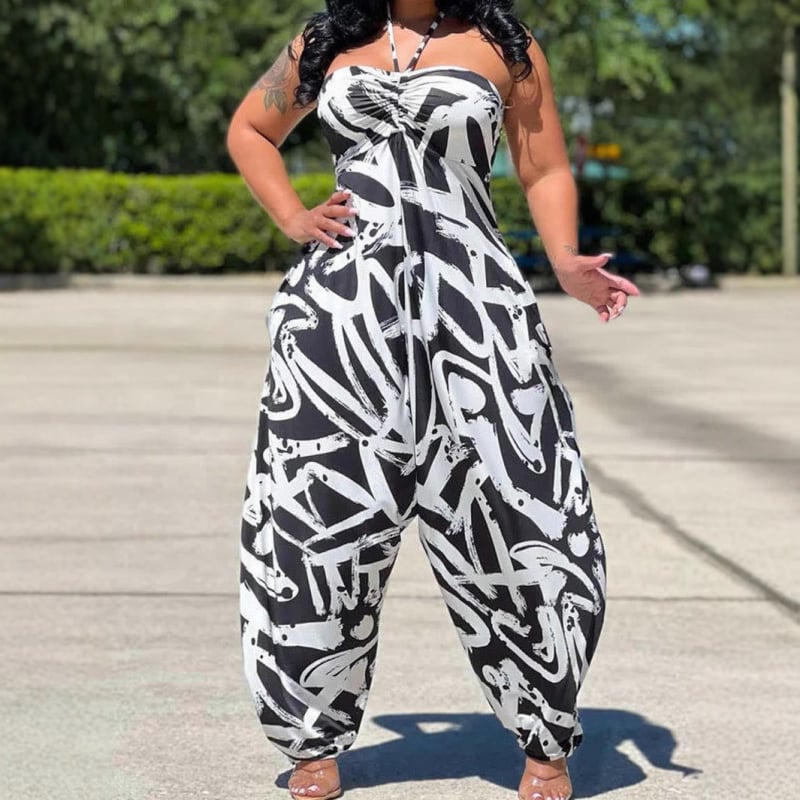 Női overál széles szárú, nyomott mintával, ujj nélküli, poliészter, nyári modell 2024