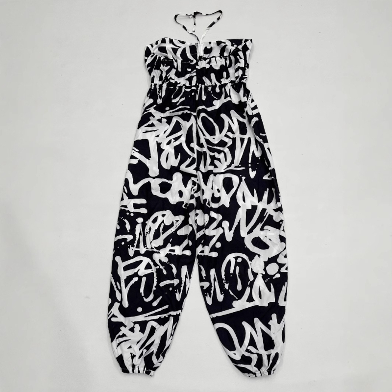 Női overál széles szárú, nyomott mintával, ujj nélküli, poliészter, nyári modell 2024