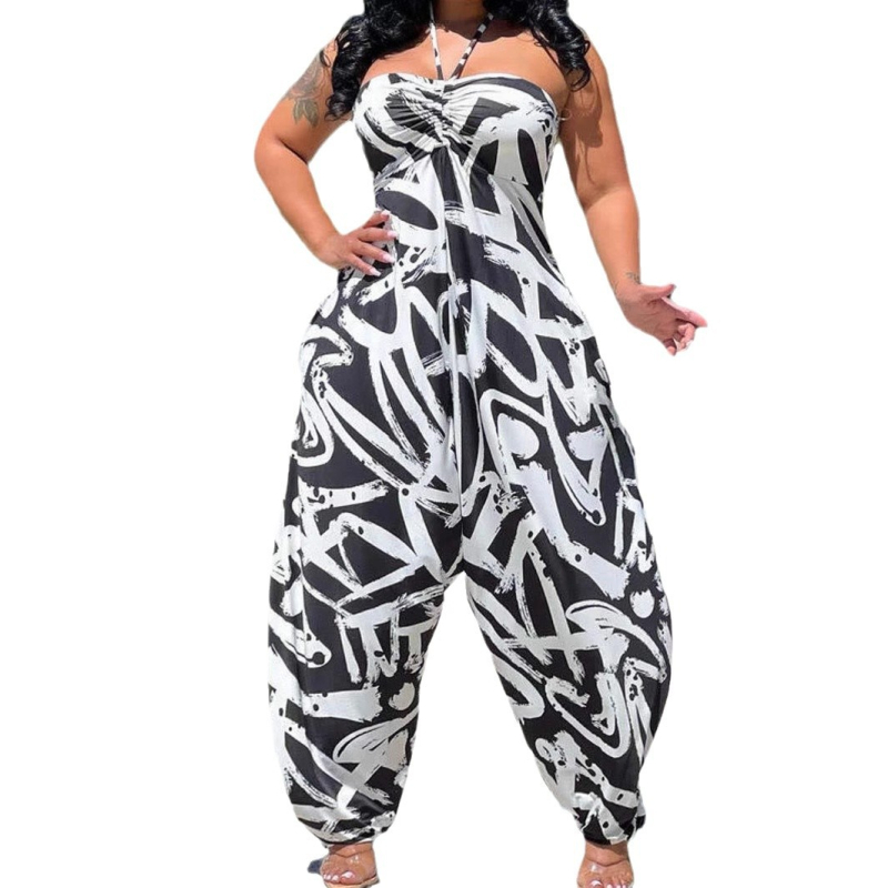 Női overál széles szárú, nyomott mintával, ujj nélküli, poliészter, nyári modell 2024