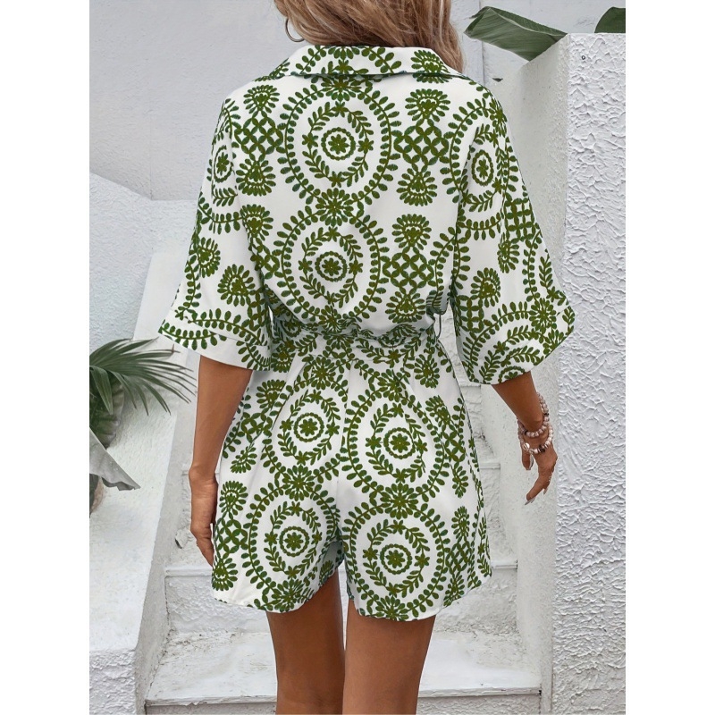 Рокля с принт, A-line, къси ръкави, V-образно деколте, полиестерова тъкан (95%+)