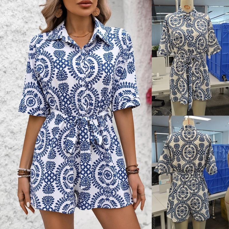 Рокля с принт, A-line, къси ръкави, V-образно деколте, полиестерова тъкан (95%+)