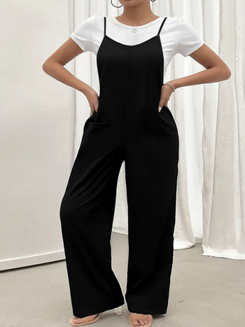 Ολόσωμη φόρμα χωρίς μανίκια με τσέπες, φαρδιά παντελόνια, σχέδιο κολλάζ – Casual άνοιξη 2025