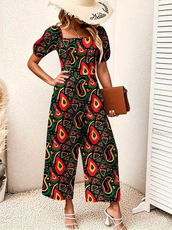 Γυναικεία ολόσωμη φόρμα από πολυεστέρα με φουσκωτά μανίκια, ψηλή μέση, φαρδιά παντελόνια, εκτύπωση