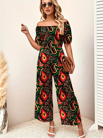 Γυναικεία ολόσωμη φόρμα από πολυεστέρα με φουσκωτά μανίκια, ψηλή μέση, φαρδιά παντελόνια, εκτύπωση