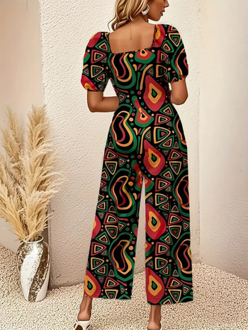 Γυναικεία ολόσωμη φόρμα από πολυεστέρα με φουσκωτά μανίκια, ψηλή μέση, φαρδιά παντελόνια, εκτύπωση