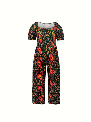 Γυναικεία ολόσωμη φόρμα από πολυεστέρα με φουσκωτά μανίκια, ψηλή μέση, φαρδιά παντελόνια, εκτύπωση