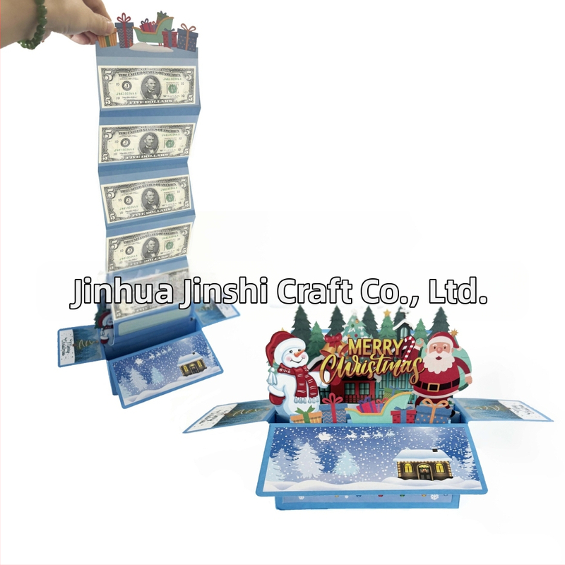 Поздравителна картичка със сгъваема 3D кутия за пари, коледна тематика, ръчно рисувана илюстрация