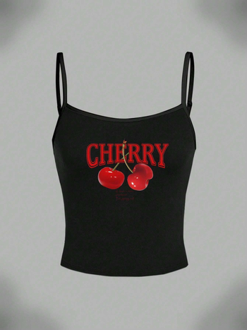 Γυναικείο τοπ με σχέδιο φρούτων, Y2K στιλ, στενή γραμμή, κοντό μήκος, πολυεστέρας με σπάντεξ