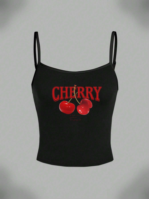 Női gyümölcs mintázatú topp, Y2K-stílus, szűk fazon, rövid hossz, poliészter-spandex keverék