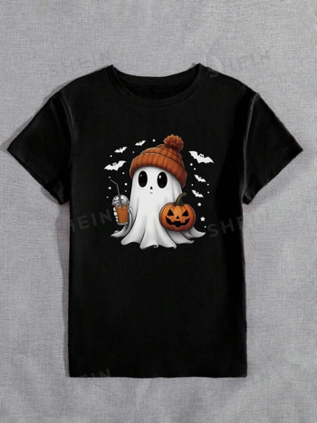 Essnce Cuki Halloween Szellem Grafikus Póló, Tök motívum — pamut, rövid ujjú, kerek nyak, nyomtatás, 2024 nyár