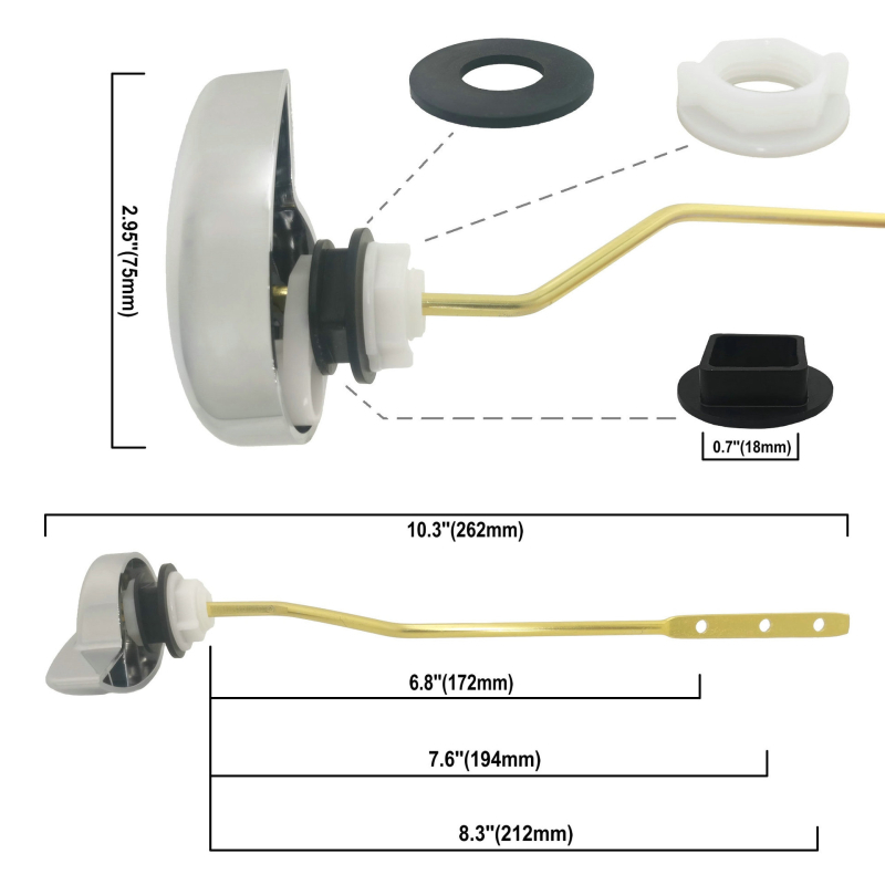 Κλειδί για τη δεξαμενή τουαλέτας με πλευρική εγκατάσταση χειριστηρίου flush, ABS και αλουμίνιο, χειροκίνητη λειτουργία