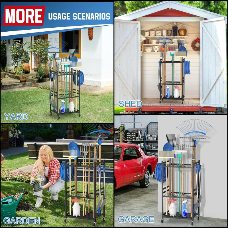 Триетажна подвижна етажерка за градински инструменти, подова стойка за използване на открито