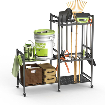 Ράφι αποθήκευσης εργαλείων κήπου με ρόδες, 3-επίπεδο από χάλυβα άνθρακα για αποθήκευση λουλουδιών