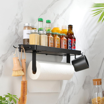 LXJ sieninis popieriaus rankšluos laikiklis su įrankių laikymo lenta kabėmis, stačiakampio formos, anglies plienas, purškiamas paviršius, šiuolaikiškas minimalistinis stilius