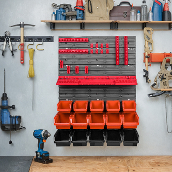 36 dalių įrankių rinkinys su kabinamu skydeliu ir PP plastiko laikymo dėžute