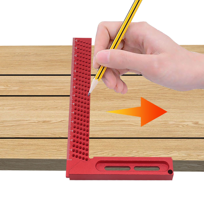 Алуминиев перфориран прав ъгъл инструмент за дърводелство с марки 45/90° и метрична височинна скала