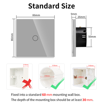 1-polinis jutiklinis WiFi jungiklis su stikline plokštele ir įžeminta vokiečių kištukinė lizda (16A; 220–250V AC; CE; sieninis montavimas)