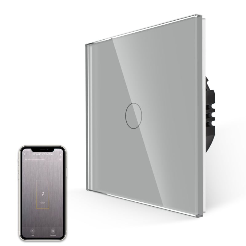 1-pogu skārienjūtīgs WiFi slēdzis ar stikla paneli un zemējumu vācu kontaktligzdai (16A; 220–250V AC; CE; sienas uzstādīšana)