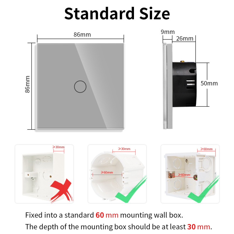 1-polinis jutiklinis WiFi jungiklis su stikline plokštele ir įžeminta vokiečių kištukinė lizda (16A; 220–250V AC; CE; sieninis montavimas)