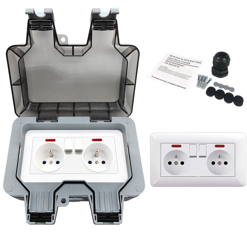 IP66 atspari vandeniui dviguba prancūziška kištukų lizda, 16A, sieninis montavimas, lauko naudojimui, 3 kontaktai, AC250V