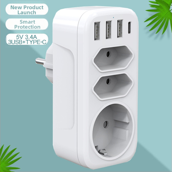 TOURPLUG maitinimo adapteris 1 į 3 su 3 USB jungtimis ir Type-C greitam įkrovimui, 110–250 V, 10 A