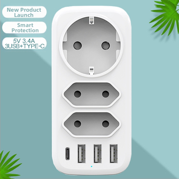 TOURPLUG maitinimo adapteris 1 į 3 su 3 USB jungtimis ir Type-C greitam įkrovimui, 110–250 V, 10 A