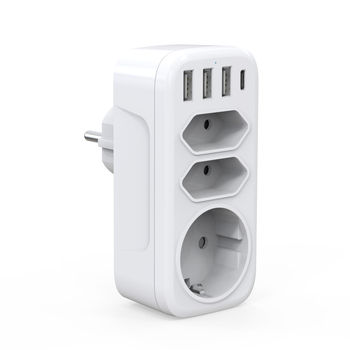 TOURPLUG maitinimo adapteris 1 į 3 su 3 USB jungtimis ir Type-C greitam įkrovimui, 110–250 V, 10 A