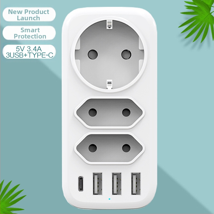 TOURPLUG адаптер за захранване 1 към 3 с 3 USB порта и Type-C бързо зареждане, 110–250 V, 10 A