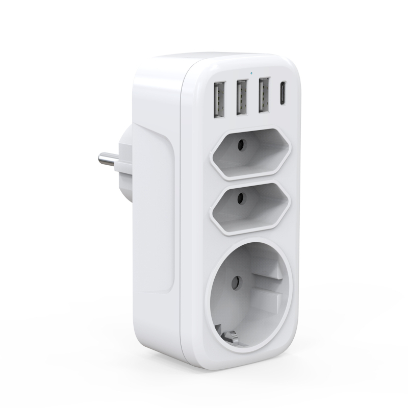 TOURPLUG barošanas adapters 1 uz 3 ar 3 USB portiem un Type-C ātrās uzlādes atbalstu, 110–250 V, 10 A