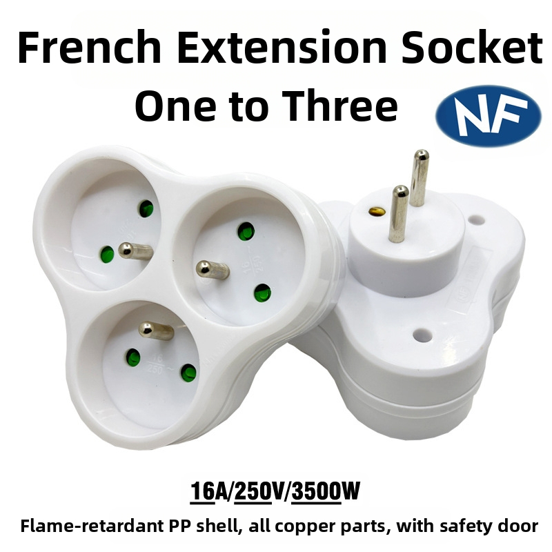 LJ Prancūzijos standarto maitinimo keitiklis, 1 į 3 kištukus, 16A/250V, CE sertifikatas, iki 3,5 kW