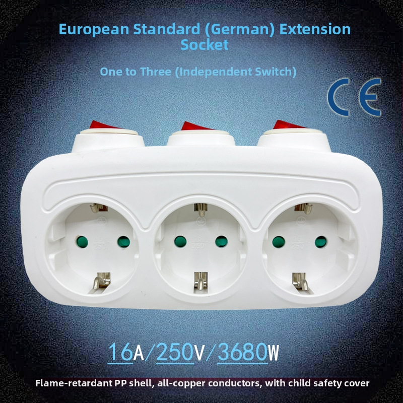 Nepriklausomas jungiklis, 1–3 plėtinio lizdai, 3 lizdai, Europos–Vokietijos standarto konversija, CE/ROHS sertifikatas