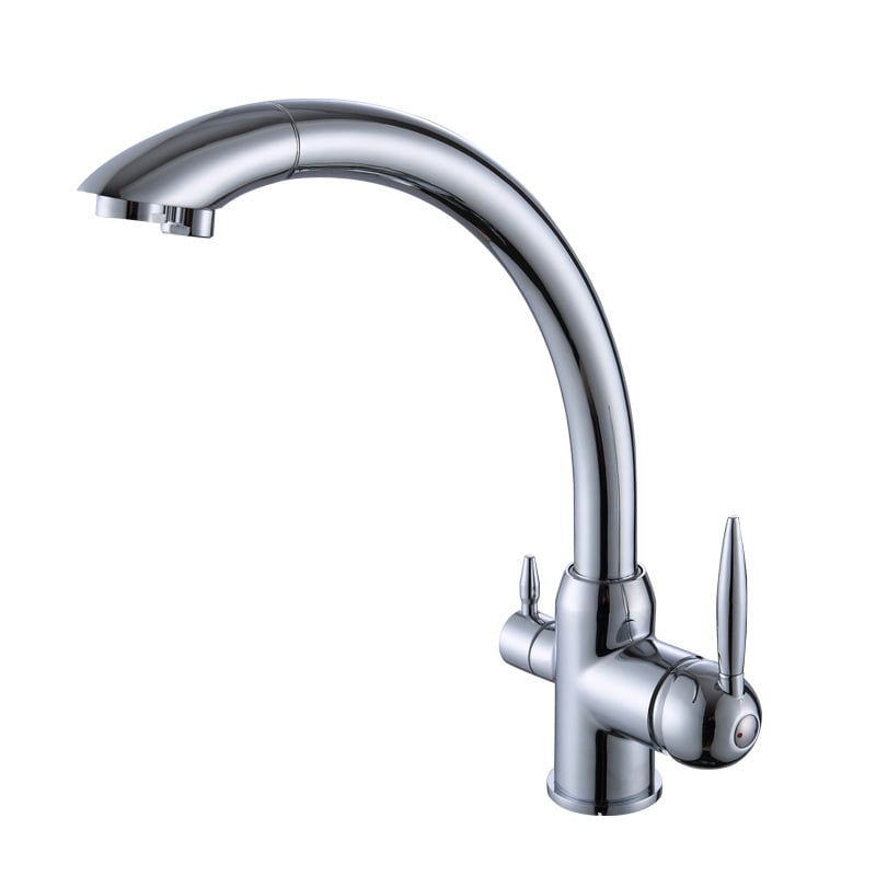 Кухненски въртящ се смесител за мивка с директна питейна вода – медно тяло, керамичен клапан, 0–90°C, модел 662-2, входове M10x1