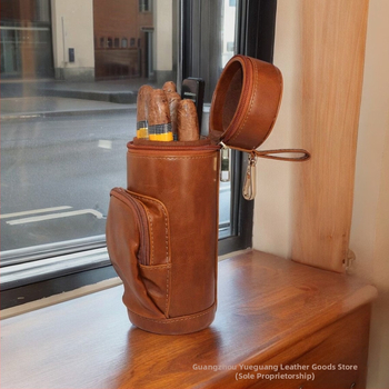 Ādas cilindriskā cigāru kārba ar rāvējslēdzēju, vintage stils, liela ietilpība, rokām darināta, iespējama personalizācija, pārnēsājama mitrināšanas kārba cigāriem