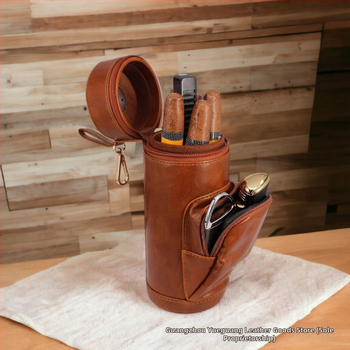 Ādas cilindriskā cigāru kārba ar rāvējslēdzēju, vintage stils, liela ietilpība, rokām darināta, iespējama personalizācija, pārnēsājama mitrināšanas kārba cigāriem