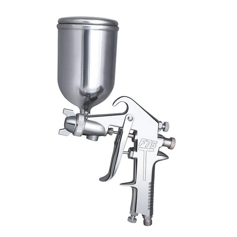 Pneumatinė purškimo pistelė automobilių baldams, modelis F-75g su viršutinėmis ir apatinėmis talpyklomis; talpa 400 ml; purškimo skylės 1.3/1.5/1.8 mm; darbo slėgis 4.0 bar; purškimo nuotolis 200 mm