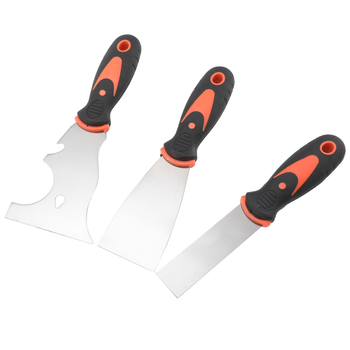 Комплект шпакловачни ножове с неръждаема стомана; двуцветни ръкохватки (дървена и пластмасова); огледално полирани ножове; набор за пясък