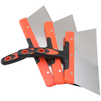 Комплект шпакловачни ножове с неръждаема стомана; двуцветни ръкохватки (дървена и пластмасова); огледално полирани ножове; набор за пясък