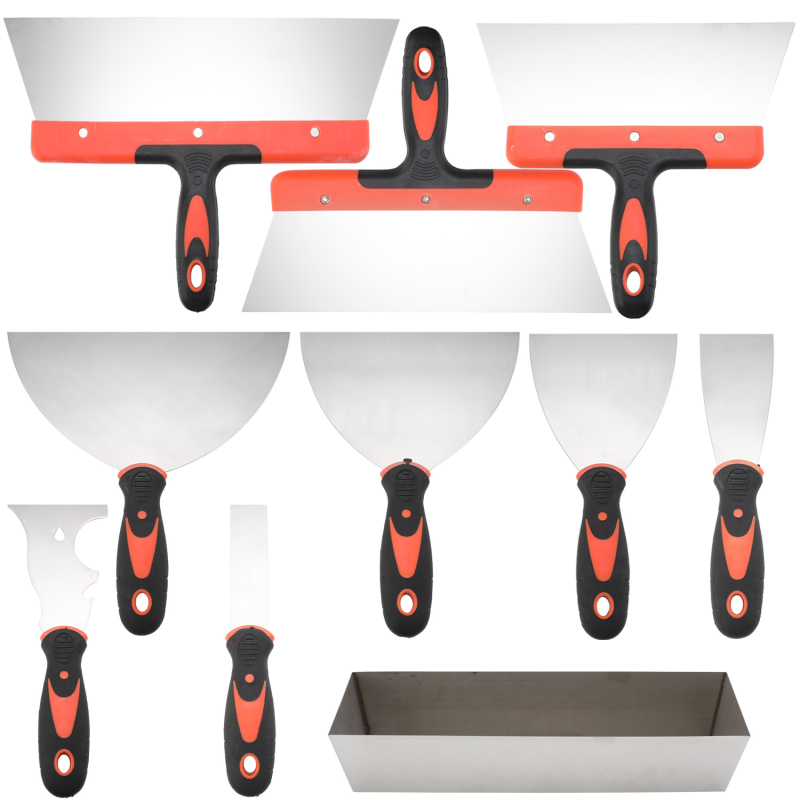 Комплект шпакловачни ножове с неръждаема стомана; двуцветни ръкохватки (дървена и пластмасова); огледално полирани ножове; набор за пясък