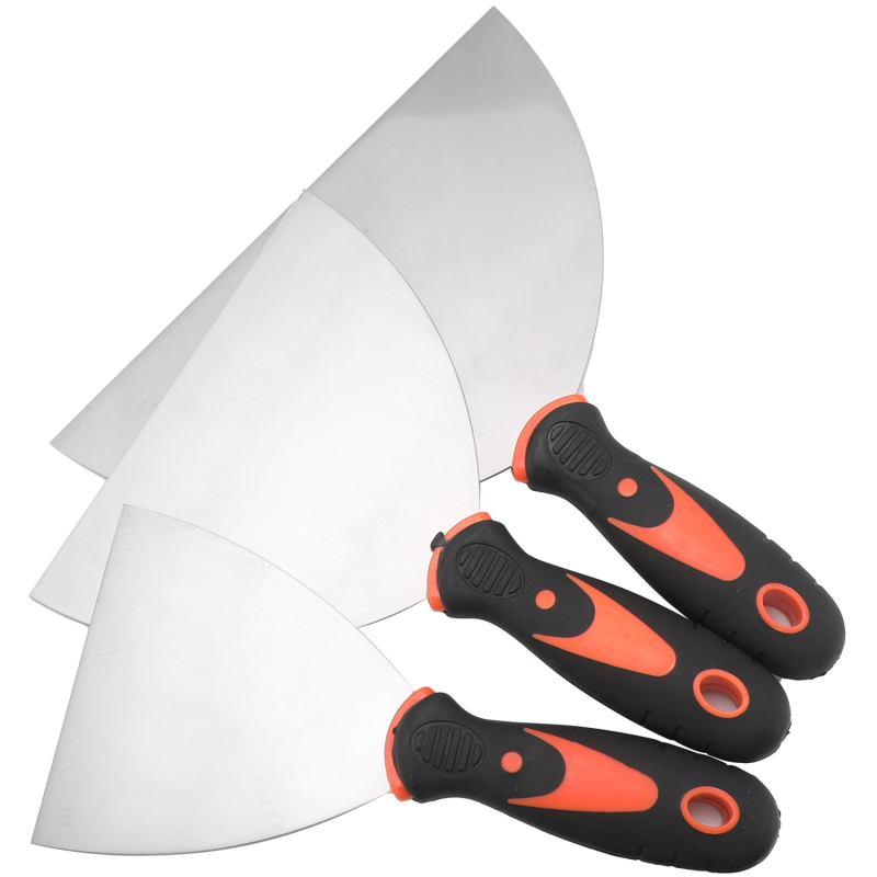 Комплект шпакловачни ножове с неръждаема стомана; двуцветни ръкохватки (дървена и пластмасова); огледално полирани ножове; набор за пясък