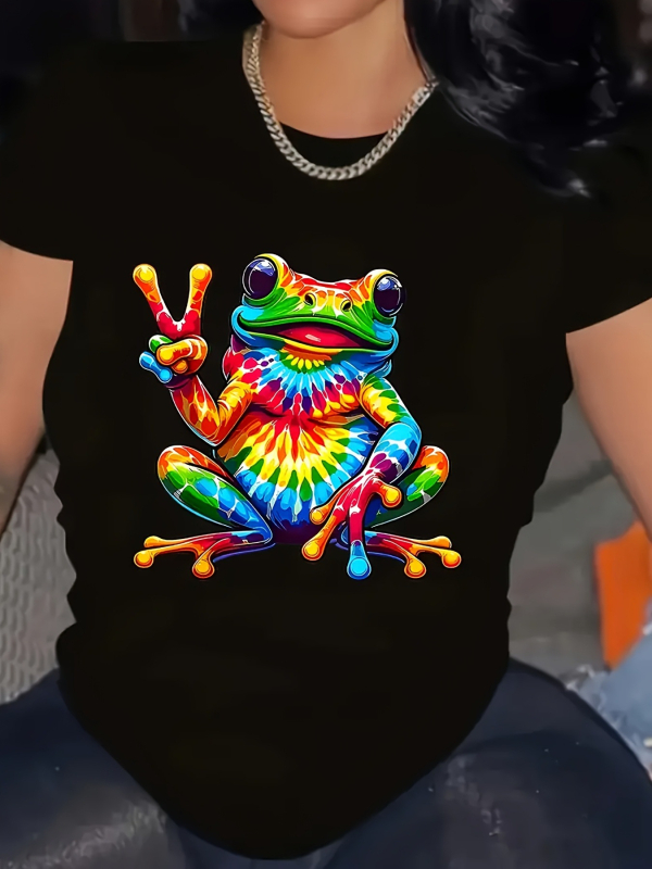 Béka mintás rövid ujjú póló kerek nyakkal, laza szabás, 95% feletti pamut (Tavasz 2025 kiadás)