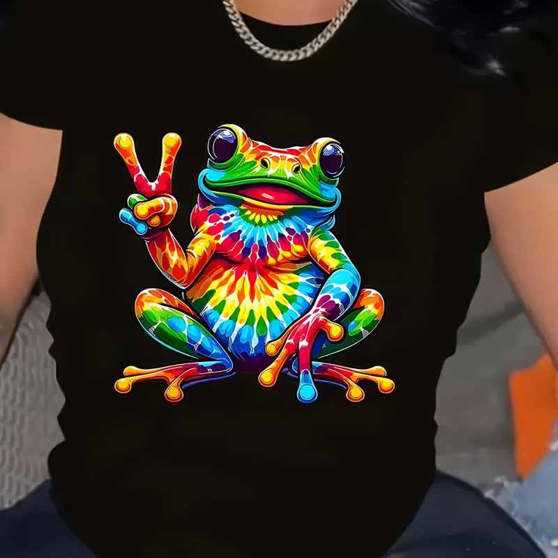 Béka mintás rövid ujjú póló kerek nyakkal, laza szabás, 95% feletti pamut (Tavasz 2025 kiadás)