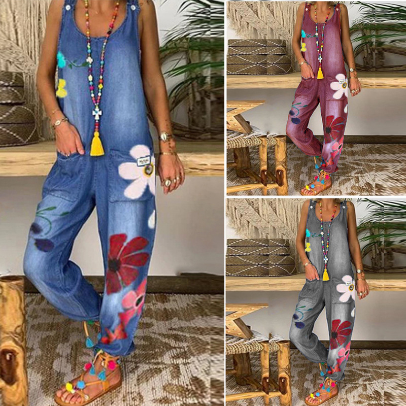 Ženski bezrukavni jumpsuit u boemskom stilu, print, casual model, tanki denim, pamuk-poliester smjesa, srednji pojas, ravne hlače