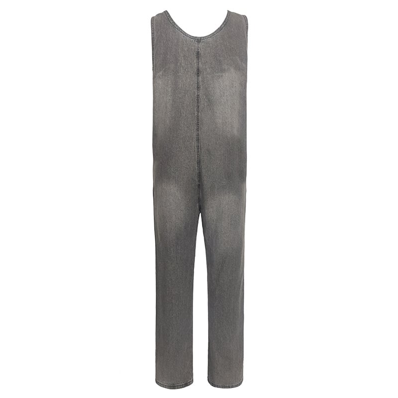 Ženski bezrukavni jumpsuit u boemskom stilu, print, casual model, tanki denim, pamuk-poliester smjesa, srednji pojas, ravne hlače