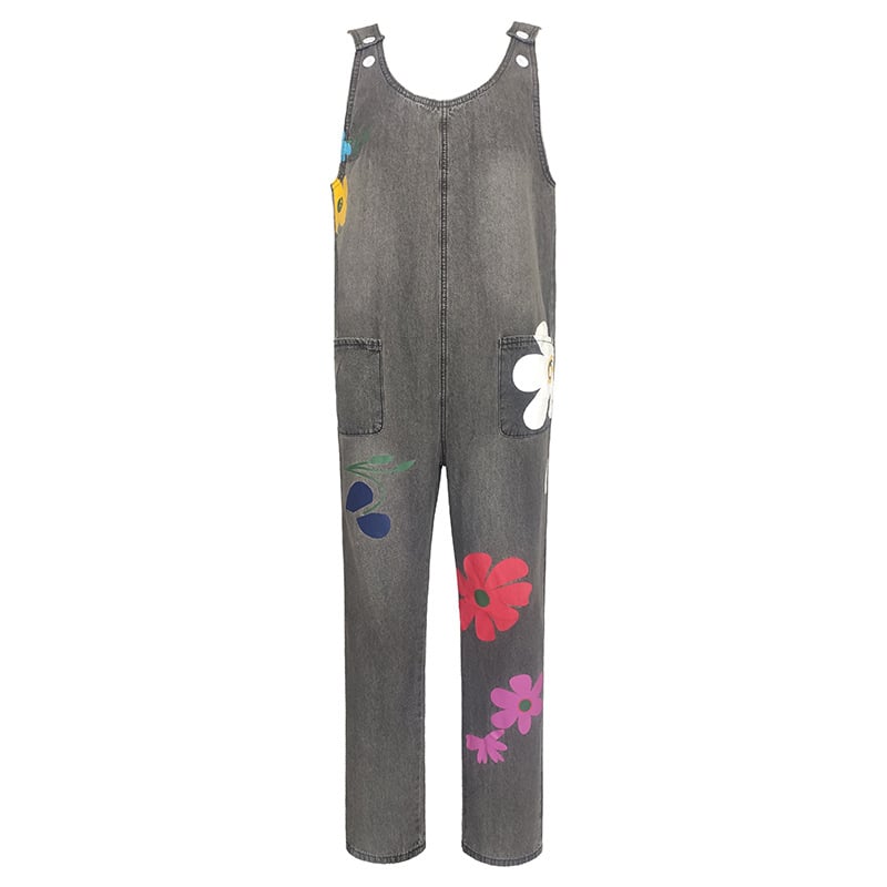 Ženski bezrukavni jumpsuit u boemskom stilu, print, casual model, tanki denim, pamuk-poliester smjesa, srednji pojas, ravne hlače