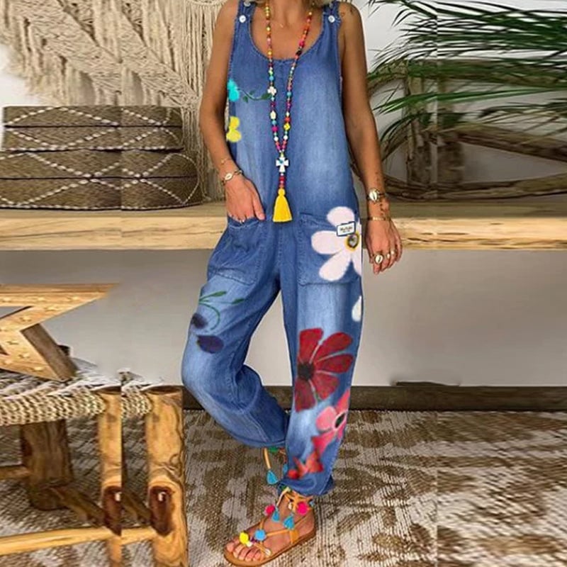 Ženski bezrukavni jumpsuit u boemskom stilu, print, casual model, tanki denim, pamuk-poliester smjesa, srednji pojas, ravne hlače